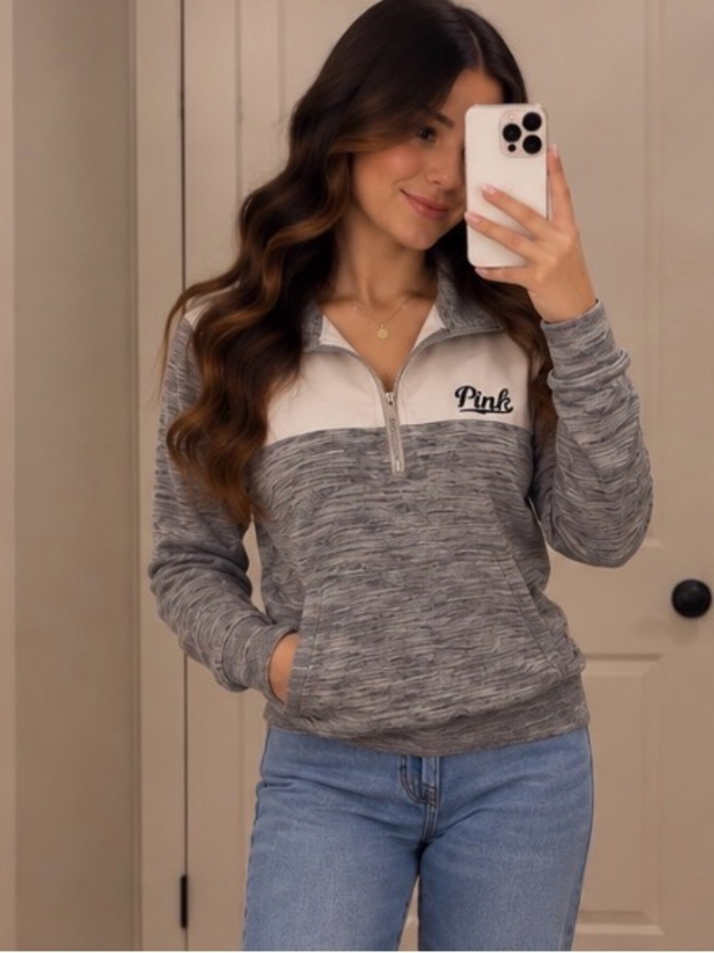 PINK Victoria's Secret Grey Marled 'Love PINK' Pullover with White Yoke